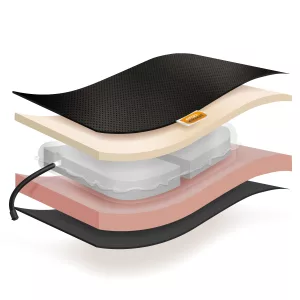 Coussin d'assise Airtech, vue shématique montrant sa mousse à mémoire de forme et ses poches d'air réglable