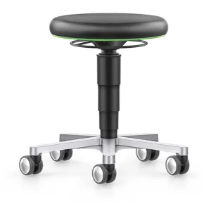 Tabouret ergonomique Labor noir avec assise ronde, réglage en hauteur et roulettes pour atelier ou laboratoire