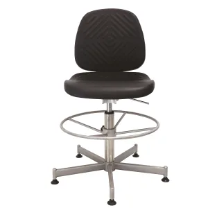 Siège ergonomique inox Platinox avec assise rembourrée et repose-pieds circulaire, adapté aux environnements agroalimentaires et humides