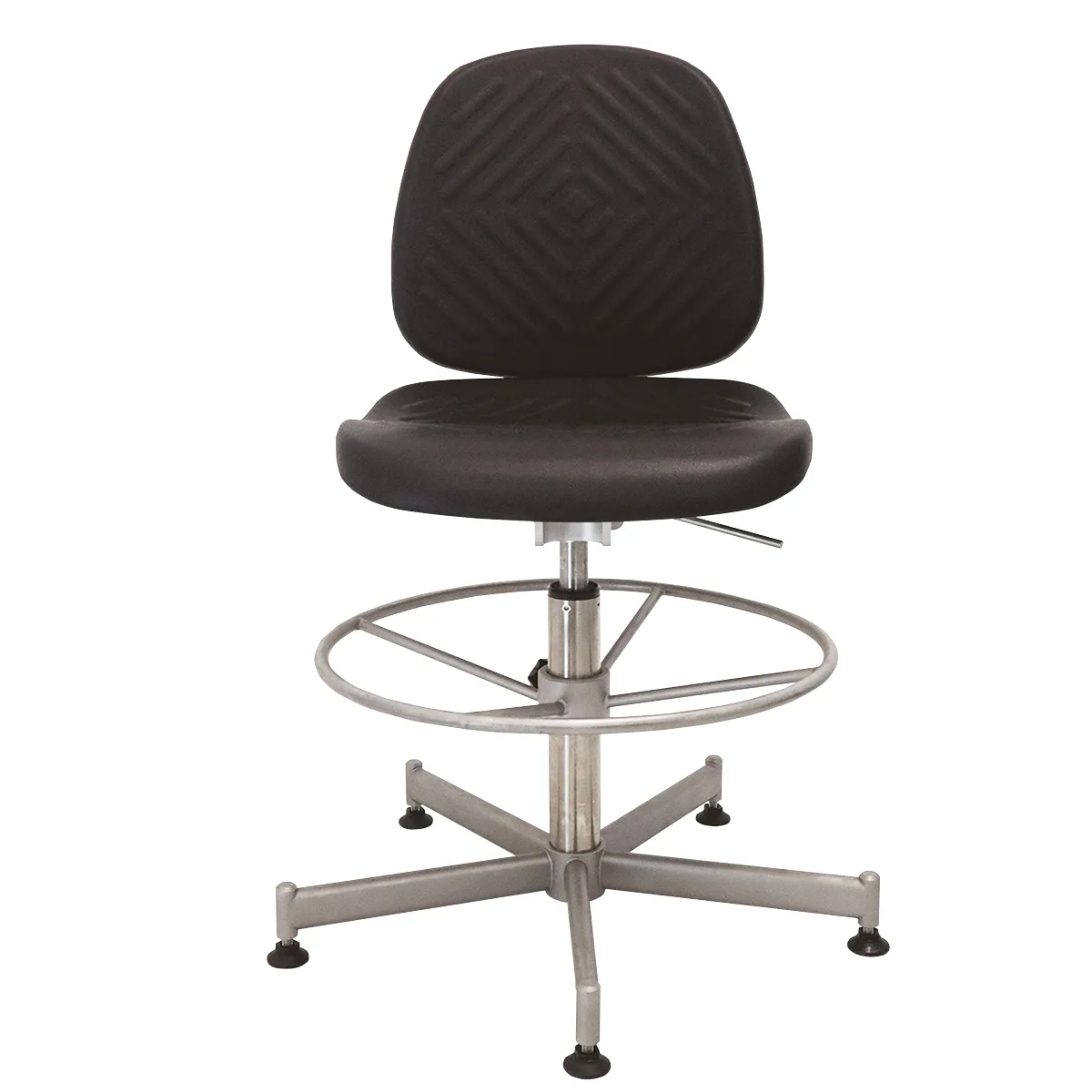 Siège ergonomique inox Platinox avec assise rembourrée et repose-pieds circulaire, adapté aux environnements agroalimentaires et humides