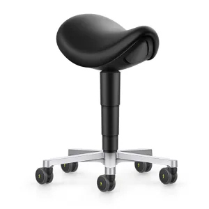 Tabouret ergonomique Selle ESD noir avec assise en forme de selle, hauteur réglable et roulettes antistatiques pour salle blanche.