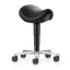 Tabouret ergonomique Selle ESD noir avec assise en forme de selle, hauteur réglable et roulettes antistatiques pour salle blanche.