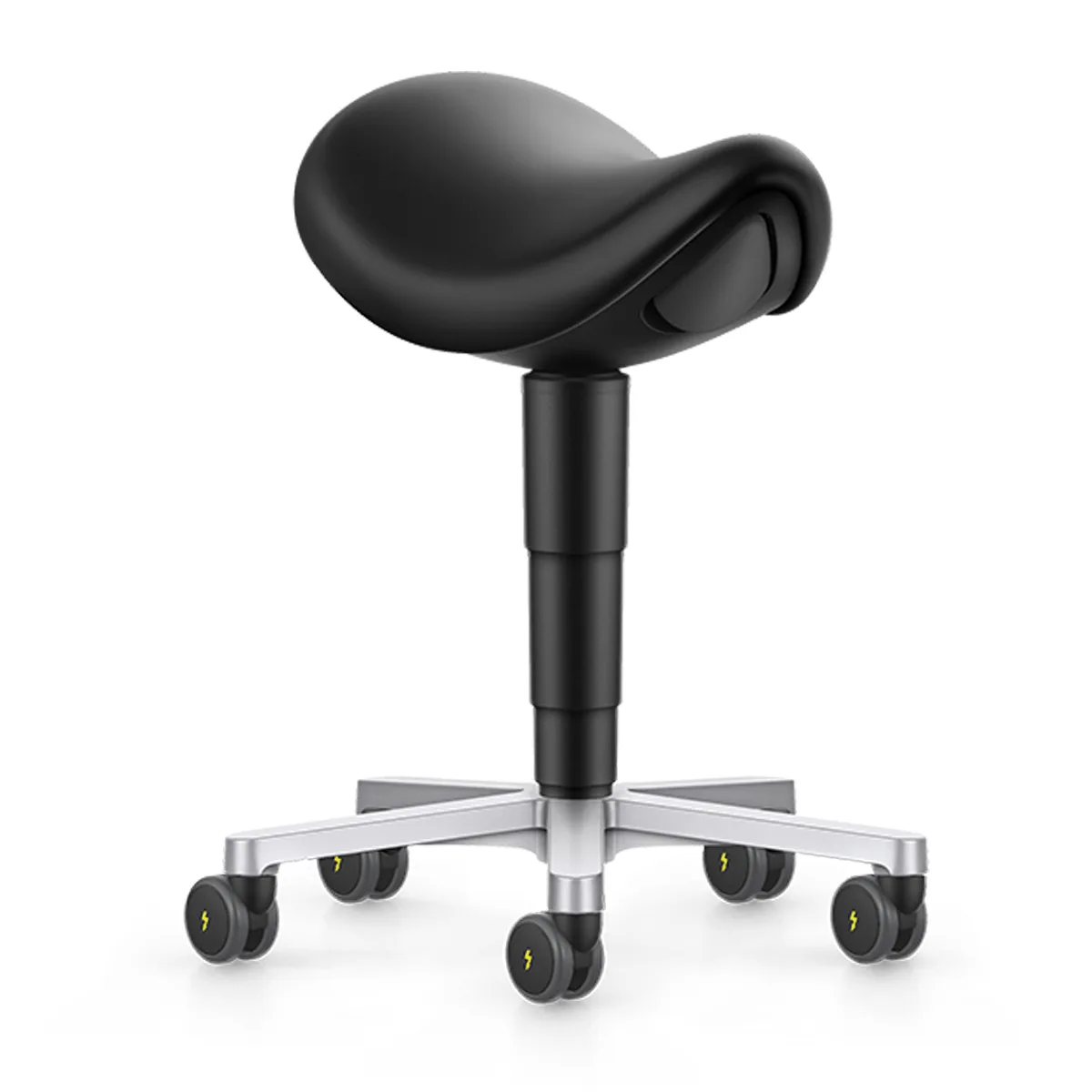 Tabouret ergonomique Selle ESD noir avec assise en forme de selle, hauteur réglable et roulettes antistatiques pour salle blanche.
